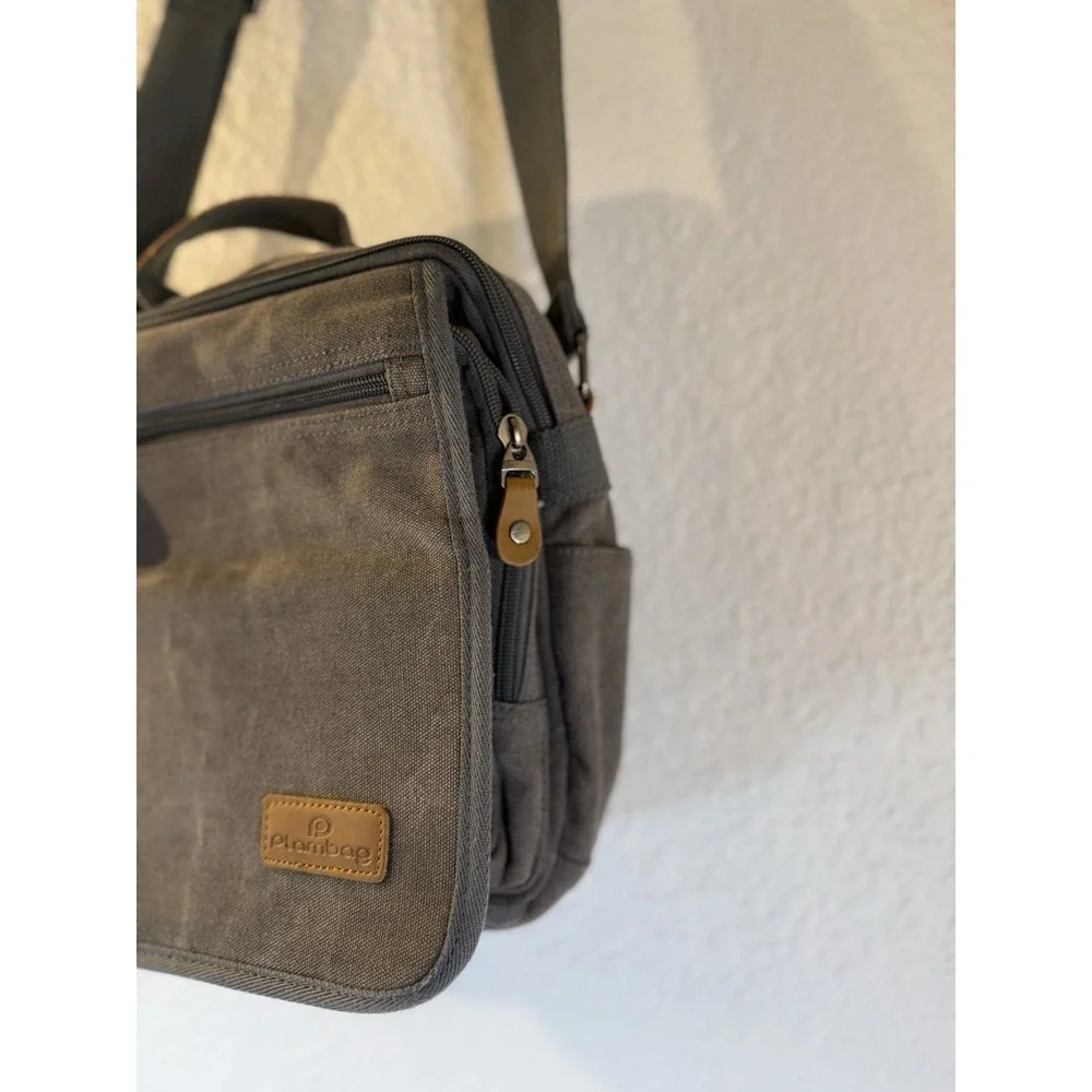 PLAMBAG Messenger Bag Travel Satchel Gray Canvas Shoulder Crossbody.‎ Unisex.
